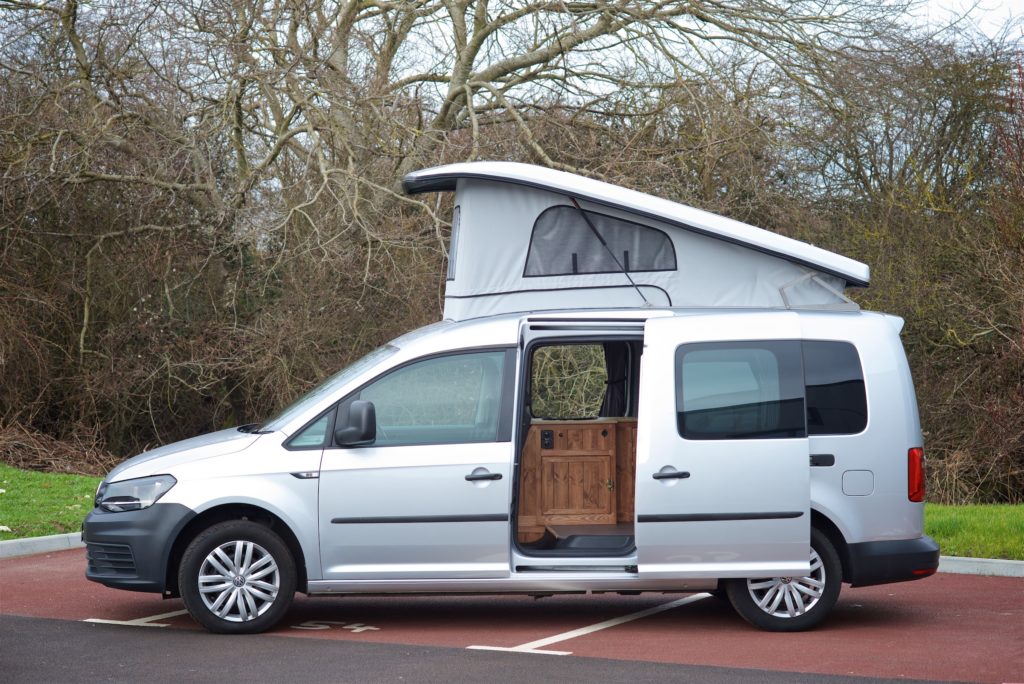 Exterior of VW Caddy Maxi Campervan showing pop-top roof